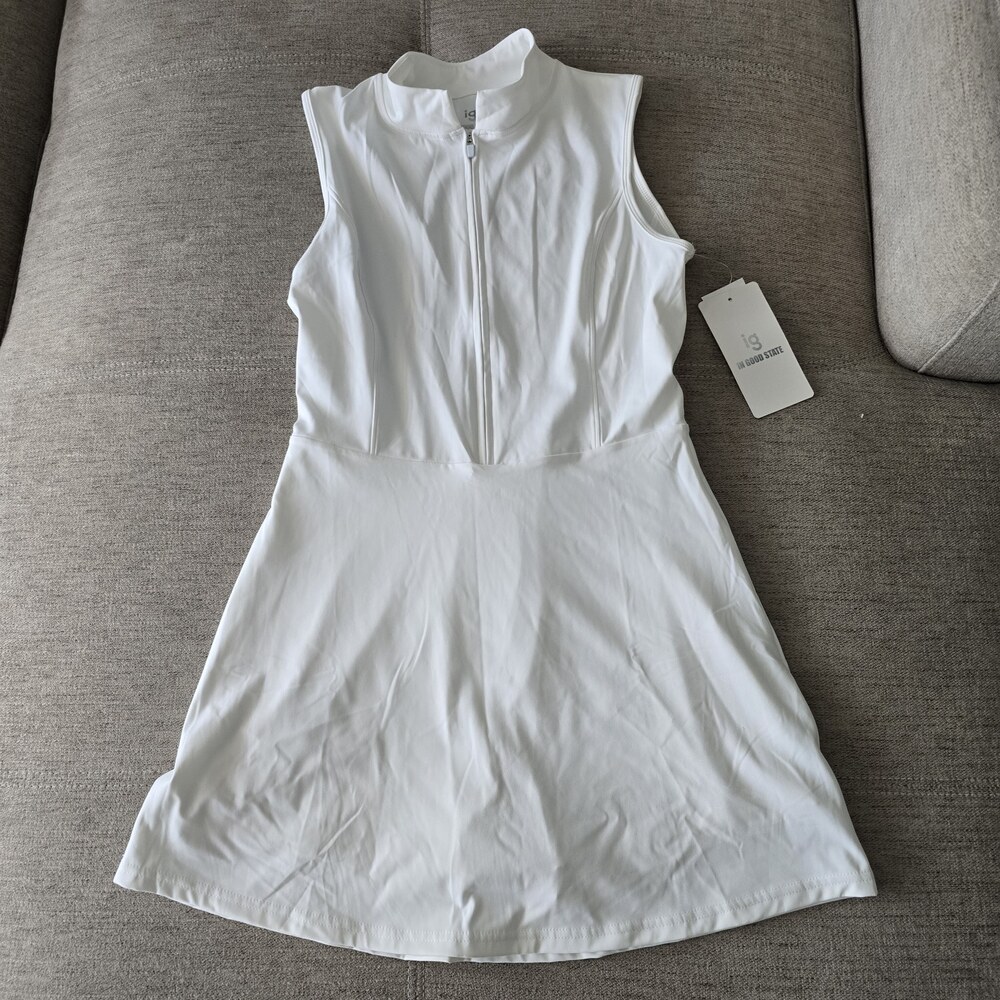 ig In Good State Tennis Dress White Mock Neck Zip Built In Shorts Size M NWT
